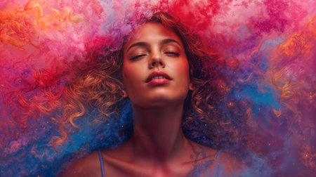 A woman with curly hair relaxes as vibrant colors swirl around her, creating an enchanting scene of emotional expression and artistic beauty.の素材