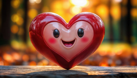 A cheerful heart-shaped character with a smiling face sits on a wooden surface. It is surrounded by colorful autumn leaves, capturing a joyful moment in nature.の素材