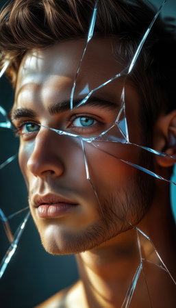 A young man stands close to broken glass, his intense blue eyes and serious expression draw attention. Light reflects off the shards, creating a captivating atmosphere during dusk.の素材