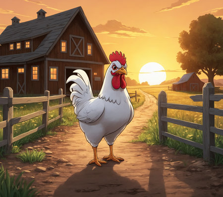 A rooster strolls confidently down a dirt path framed by wooden fences. The vibrant colors of sunset cast a warm glow across the serene rural landscape.の素材