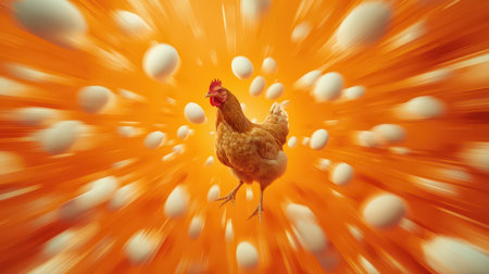 Eggs and chicken create vibrant scene with dynamic colors and motion in bright orange backgroundの素材