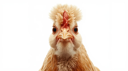 A close-up view captures the intricate details of a chicken's head, showing its soft feathers, bright eyes, and distinctive beak. The neutral background highlights its unique appearance.の素材