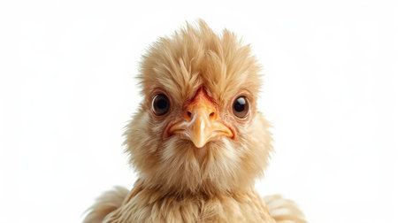 A close-up view captures the intricate details of a chicken's head, showing its soft feathers, bright eyes, and distinctive beak. The neutral background highlights its unique appearance.の素材