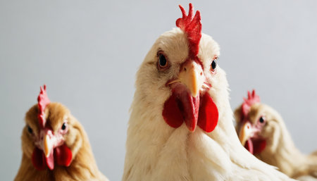Group of chickens with bright red combs standing together in close-upの素材
