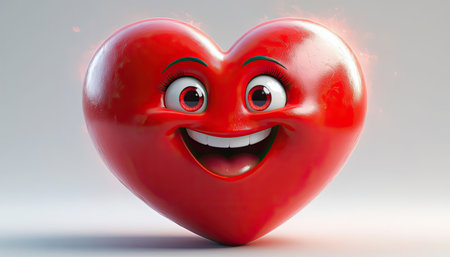 An animated heart character with a big smile and bright eyes fills the screen with happiness. This cheerful design radiates warmth and positivity, perfect for uplifting moments.の素材