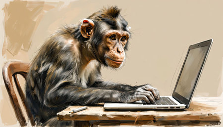 An office scene depicting a chimpanzee sitting at a desk with a laptop during the daytimeの素材