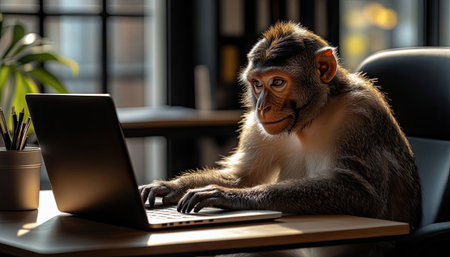 An office scene depicting a chimpanzee sitting at a desk with a laptop during the daytimeの素材