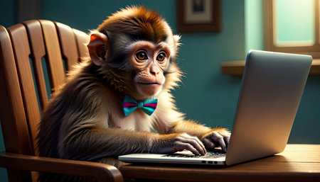 An office scene depicting a chimpanzee sitting at a desk with a laptop during the daytimeの素材