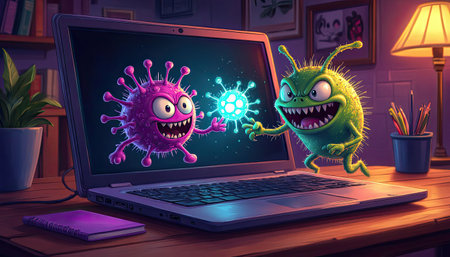 Computer virus threat on screen shows the dangers of digital security in the modern worldの素材