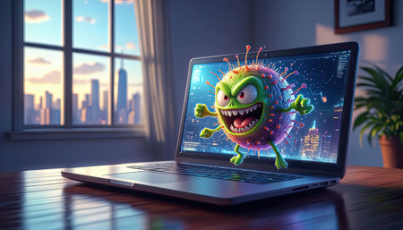 Computer virus threat on screen shows the dangers of digital security in the modern worldの素材