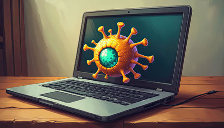 Computer virus threat on screen shows the dangers of digital security in the modern worldの素材