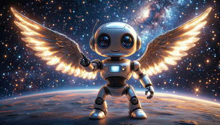 Robot with wings exploring space and interacting with planets in a colorful galaxy settingの素材