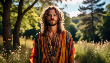 A young man with long hair poses confidently in a vibrant outfit, surrounded by trees and soft sunlight. The scene captures a peaceful, natural setting filled with greenery.の素材