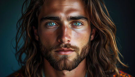 A young man with long, flowing hair and bright blue eyes looks directly at the camera. His expression is calm and thoughtful, creating a moment of connection with the viewer.の素材