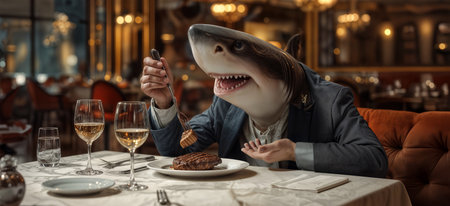 A shark dressed in a suit is seated at a table in an elegant restaurant. It uses a fork to eat a piece of meat while surrounded by fine dining decor and other food items.の素材