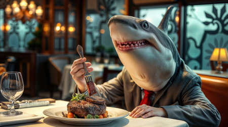 A shark dressed in a suit is seated at a table in an elegant restaurant. It uses a fork to eat a piece of meat while surrounded by fine dining decor and other food items.の素材