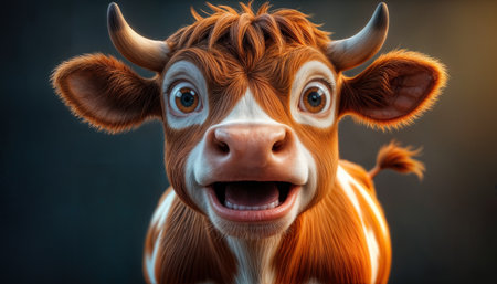 Close-up view of a curious brown calf in soft lighting during golden hour on a farmの素材