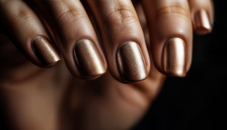 A hand displays a perfectly done manicure featuring elegant bronze nails. The soft lighting enhances the shiny finish, making the nails stand out in a chic atmosphere.の素材