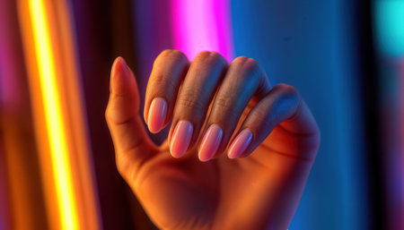 A hand shows off a fresh manicure with a soft pink polish. The background features vibrant neon lights, creating a stylish and inviting atmosphere in a salon.の素材