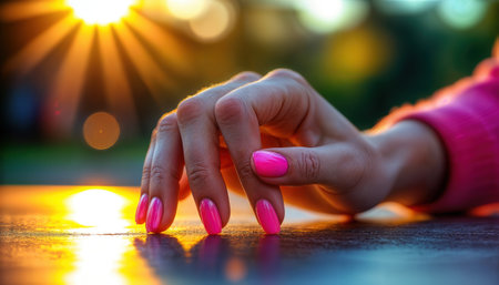 A hand with bright pink nails rests gently on a tabletop, basking in the warm glow of sunset. The sun creates a bright backdrop, enhancing the beauty of the manicure.の素材