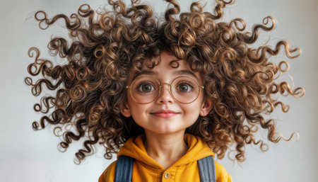 A joyful child with large eyes and curly hair displays a cheerful smile while wearing a yellow shirt. The setting has soft lighting, adding warmth to the scene.の素材