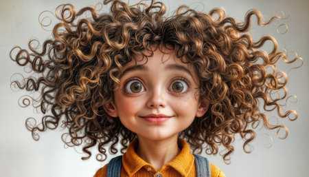 A joyful child with large eyes and curly hair displays a cheerful smile while wearing a yellow shirt. The setting has soft lighting, adding warmth to the scene.の素材