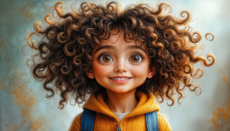 A joyful child with large eyes and curly hair displays a cheerful smile while wearing a yellow shirt. The setting has soft lighting, adding warmth to the scene.の素材