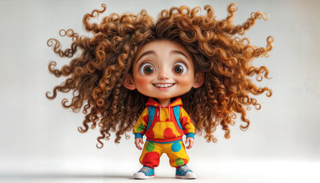 Bright and cheerful animated character with curly hairの素材