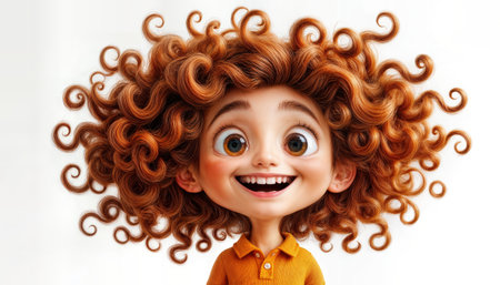 Bright and cheerful animated character with curly hairの素材