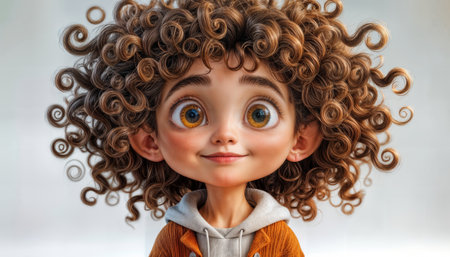 Bright and cheerful animated character with curly hairの素材