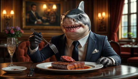 A shark wearing a suit dines elegantly in a restaurant, savoring a steak dinner. The atmosphere is upscale with soft lighting and luxurious decor, creating a unique dining experience.の素材