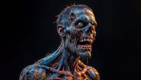A zombie stands in a dark space, showing cracked skin, exposed muscles, and a haunting gaze. Its mouth is open as if ready to roar, creating a chilling atmosphere.の素材