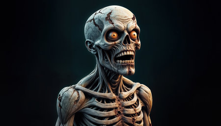 A zombie stands in a dark space, showing cracked skin, exposed muscles, and a haunting gaze. Its mouth is open as if ready to roar, creating a chilling atmosphere.の素材