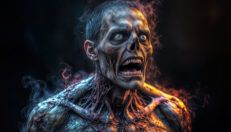 A zombie stands in a dark space, showing cracked skin, exposed muscles, and a haunting gaze. Its mouth is open as if ready to roar, creating a chilling atmosphere.の素材