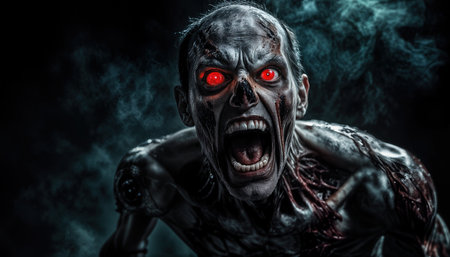 A zombie stands in a dark space, showing cracked skin, exposed muscles, and a haunting gaze. Its mouth is open as if ready to roar, creating a chilling atmosphere.の素材