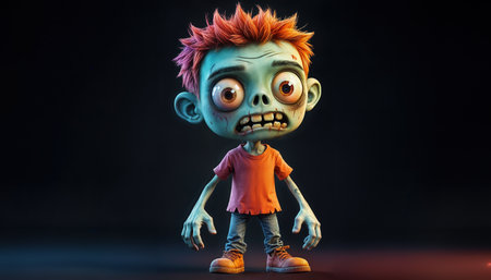 Zombie character standing with a surprised expression in a dark setting, showcasing playful cartoonish featuresの素材