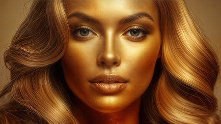 A woman displays radiant skin with a golden glow, her long hair softly framing her face. Her captivating eyes and natural beauty create an enchanting and serene atmosphere.の素材