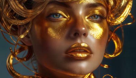 A model showcases striking golden makeup that accentuates her bright blue eyes and fair skin. The intricate details create a mesmerizing effect in soft lighting, emphasizing her features beautifully.の素材