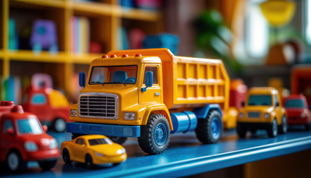 Brightly colored toy trucks and cars are arranged on a blue table in a cheerful room, designed for children to play and explore their imagination.の素材