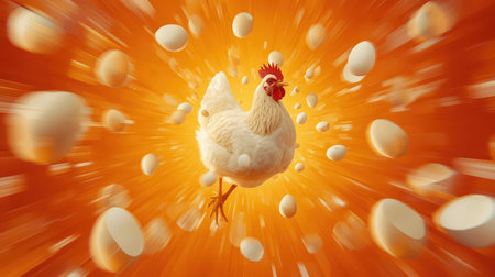 A lively chicken stands surrounded by floating eggs, set against a bright orange backdrop. The image captures a sense of motion and energy, showing the connection between chickens and eggs.の素材