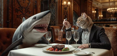 A finely dressed cat enjoys a meal at an elegant restaurant while a shark watches. The scene is unusual and playful, featuring gourmet food on the table.の素材