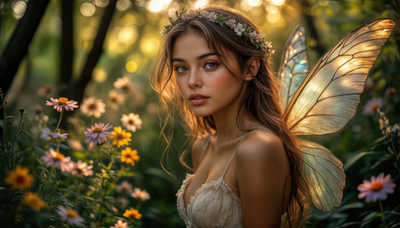 A radiant fairy with shimmering wings stands amidst vibrant flowers in a lush forest. Sunlight filters through the trees, enhancing the enchanting atmosphere of this serene moment.の素材