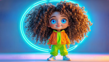Cute animated character with curly hair in a vibrant hoodie against a glowing backgroundの素材