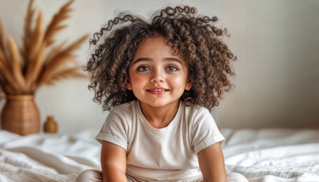 A cheerful young child with vibrant curly hair smiles playfully. They are sitting on a soft white blanket in a cozy indoor setting filled with natural light.の素材