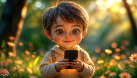 A young child is happily engaged with a smartphone in a vibrant garden. Surrounded by blooming flowers, the warm sunlight enhances the joyful moment and nature's beauty.の素材