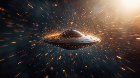 A detailed spaceship navigates a dark cosmic environment, surrounded by sparkling particles that create a dynamic and vibrant atmosphere. The scene evokes a sense of adventure and explorationの素材