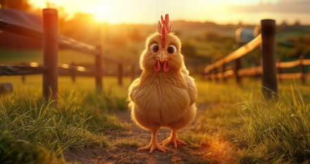 A cartoon chicken stands confidently on a dirt path lined with wooden fences, surrounded by a scenic farm landscape as the sun sets in the background, creating a warm glow.の素材