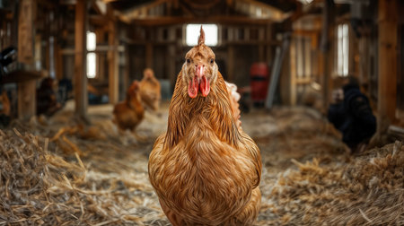 A rooster proudly stands at the forefront, surrounded by several hens in a spacious barn. Morning sunlight filters through, illuminating the scene filled with farm life.の素材