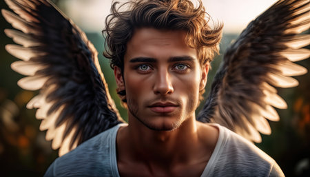 A striking angel figure stands tall against a beautiful sunset backdrop. Golden rays illuminate his features and majestic wings, creating a peaceful and ethereal atmosphere.の素材