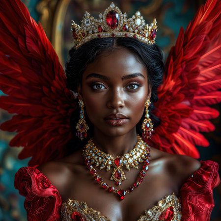 A stunning young African American woman adorns an intricate outfit featuring red fabrics and jewelry. With angelic wings, she stands against a backdrop of colorful flowers, exuding elegance.の素材